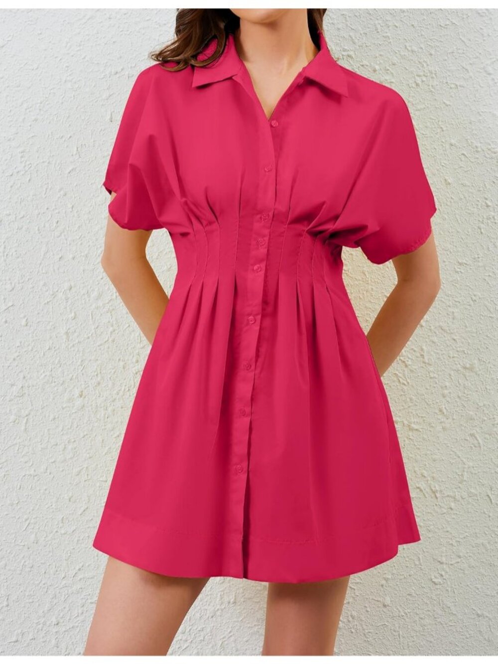Women's Rose Button Down Short Sleeve Causal A Line Flowy Pleated Mini Dress - Picture 4 of 6